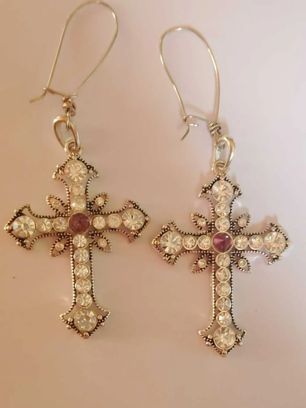 Upcycled Cross Earrings Silver tone with diamond like and purple rhinestones - Picture 2 of 7
